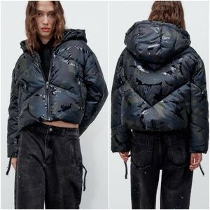 🆕 ZARA Camo Hooded Quilted Puffer Jacket S